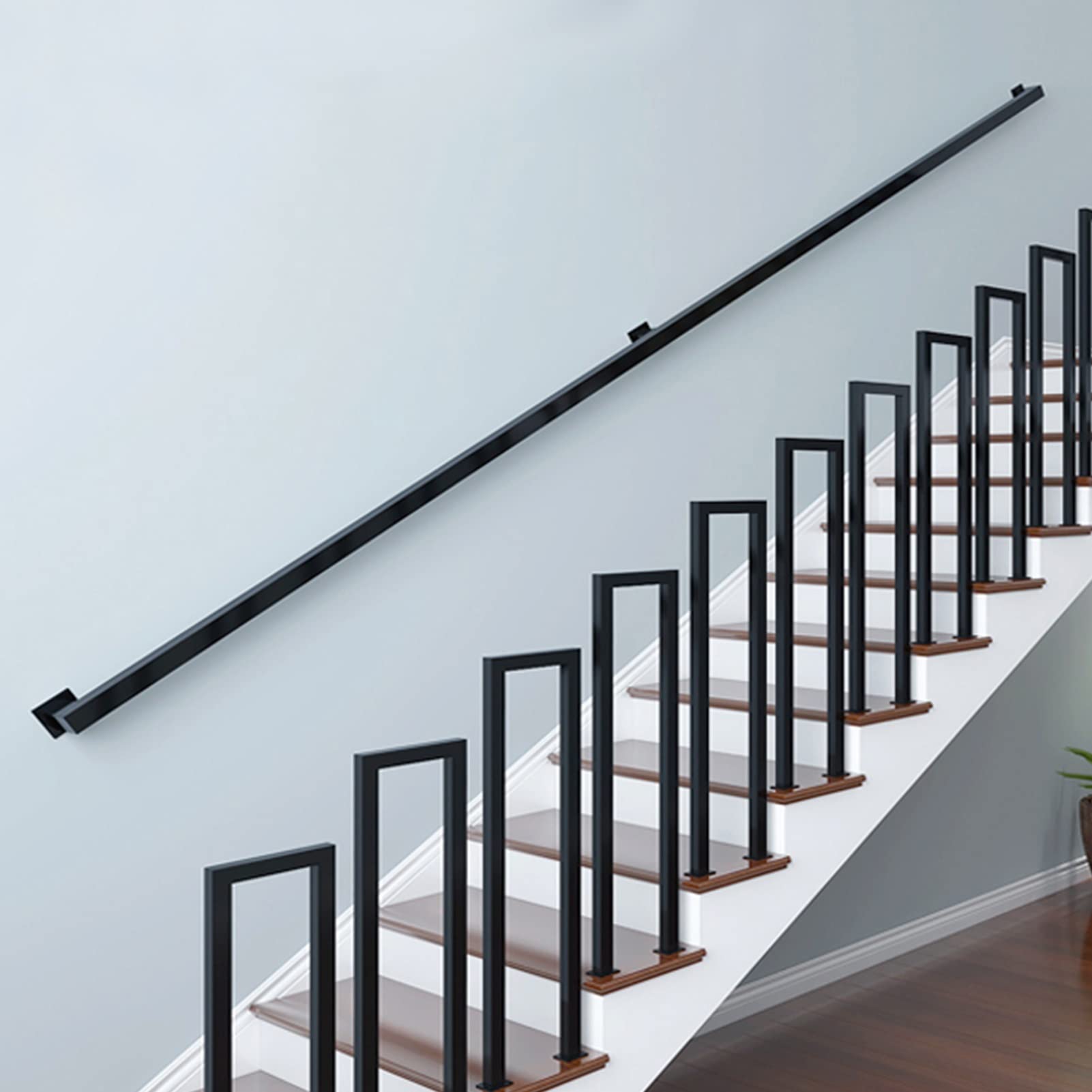 Stabiles 30600 cm wandmontiertes industrielles Schmiedeeisernes Geländer-Set, schwarze quadratische Geländerhalterungen mit Wandhalterungen und Metallschrauben (0,9 m)