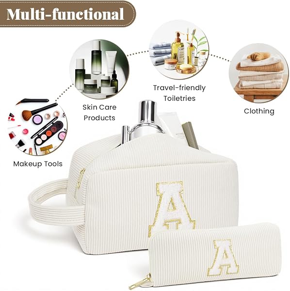 ALIIP Beauty Case da Viaggio, 2 PCS Borsa da Toilette da Viaggio, Pochette Donna Trucchi, Borsa Trucco Lettera, Borsa Cosmetica in Velluto a Coste, per Donne Ragazze-Lettera A - 4