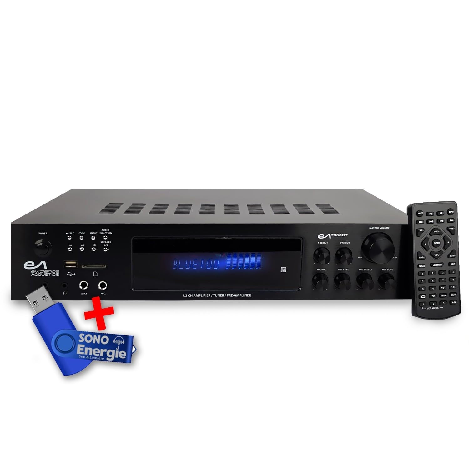 Evidence Acoustics Amplificatore HiFi EA-7360-BT - Karaoke 5.2 / USB SD BT FM - 4 x 75 W + 3 x 20 W + chiavetta USB 32 G