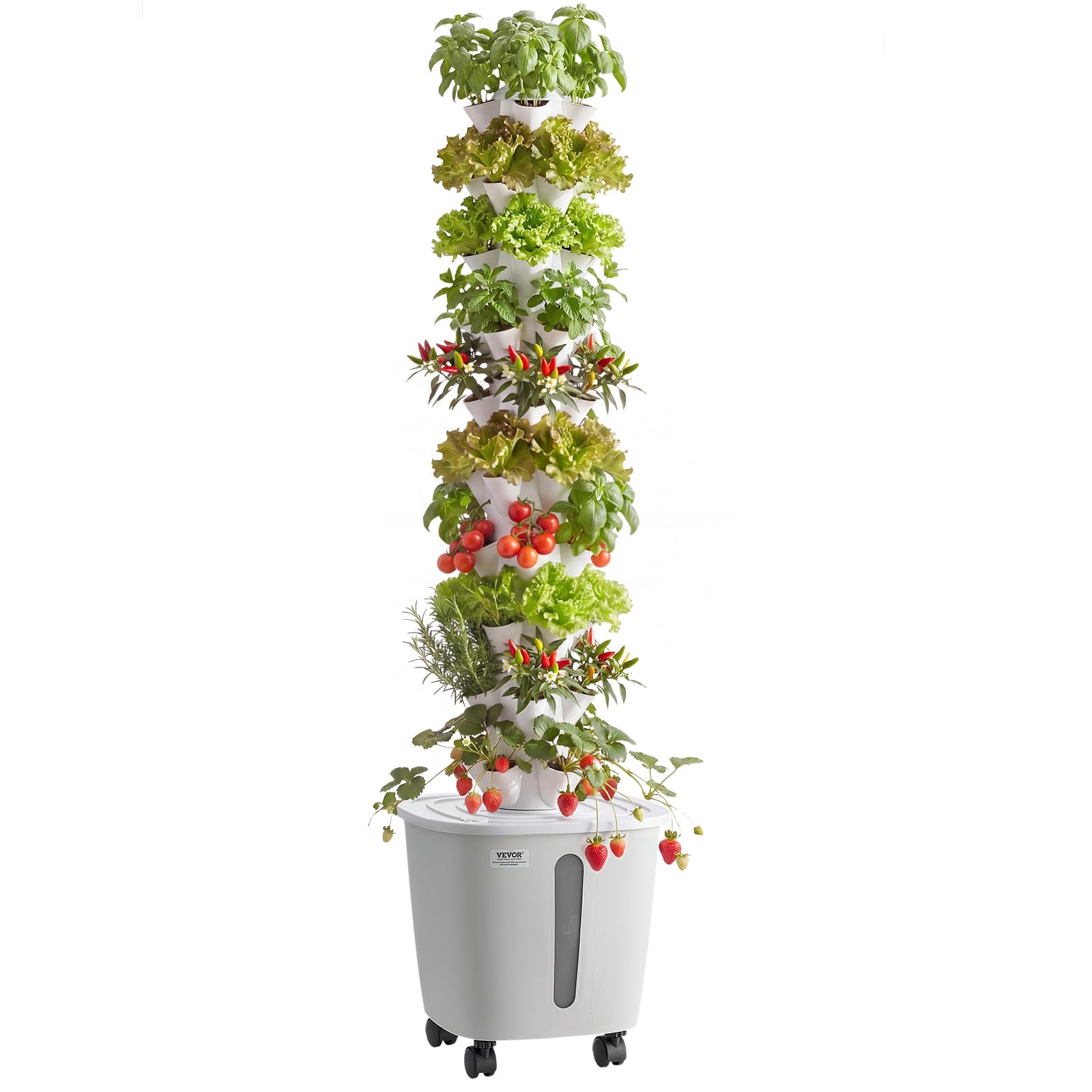 VEVOR Kit de Cultivo Hidropónico, Sistema de Torre Hidropónica, 10 Niveles y 50 Agujeros, con Ruedas Bomba de Agua y Depósito de 20 Litros, Control Inteligente, Torre de Plantación para Hierbas Frutas
