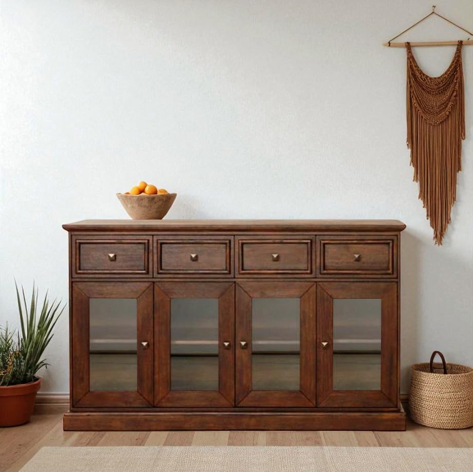Image of The Attic Francisco Sideboard, Multipurpose Cabinet for Kitchen and Living Room Storage, Crockery Storage, Solid Sheesham Wood, Honey Matte Finish
