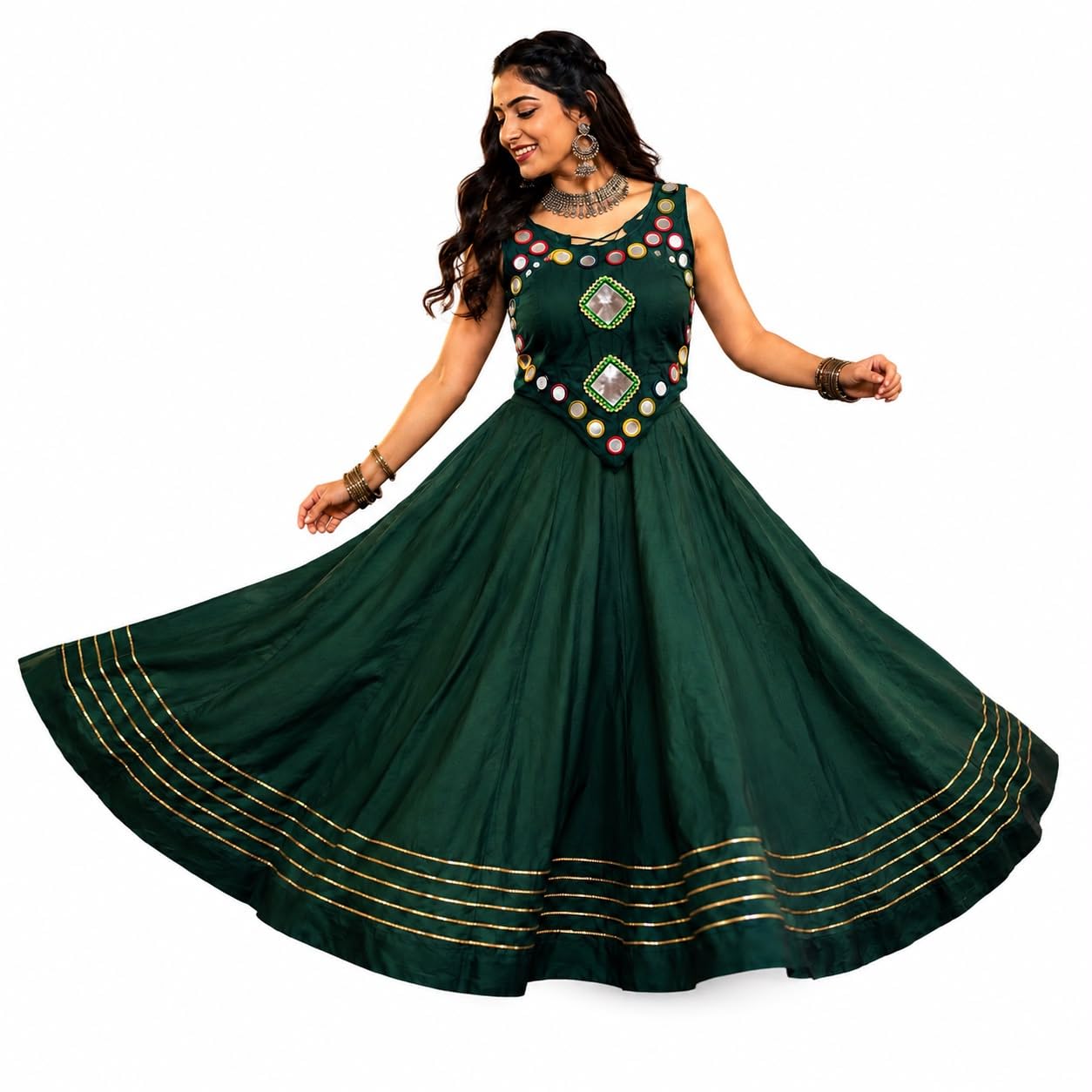 Women’s Traditional Cotton Blend Navratri Lehenga Choli Set | Bottle Green Flared Chaniya Skirt with Gota Patti Lined Border & Heavily Embellished Faux Mirror Work Blouse | Free Size Garba & Dandiya Night Ethnic Wear(GREEN)-image-6