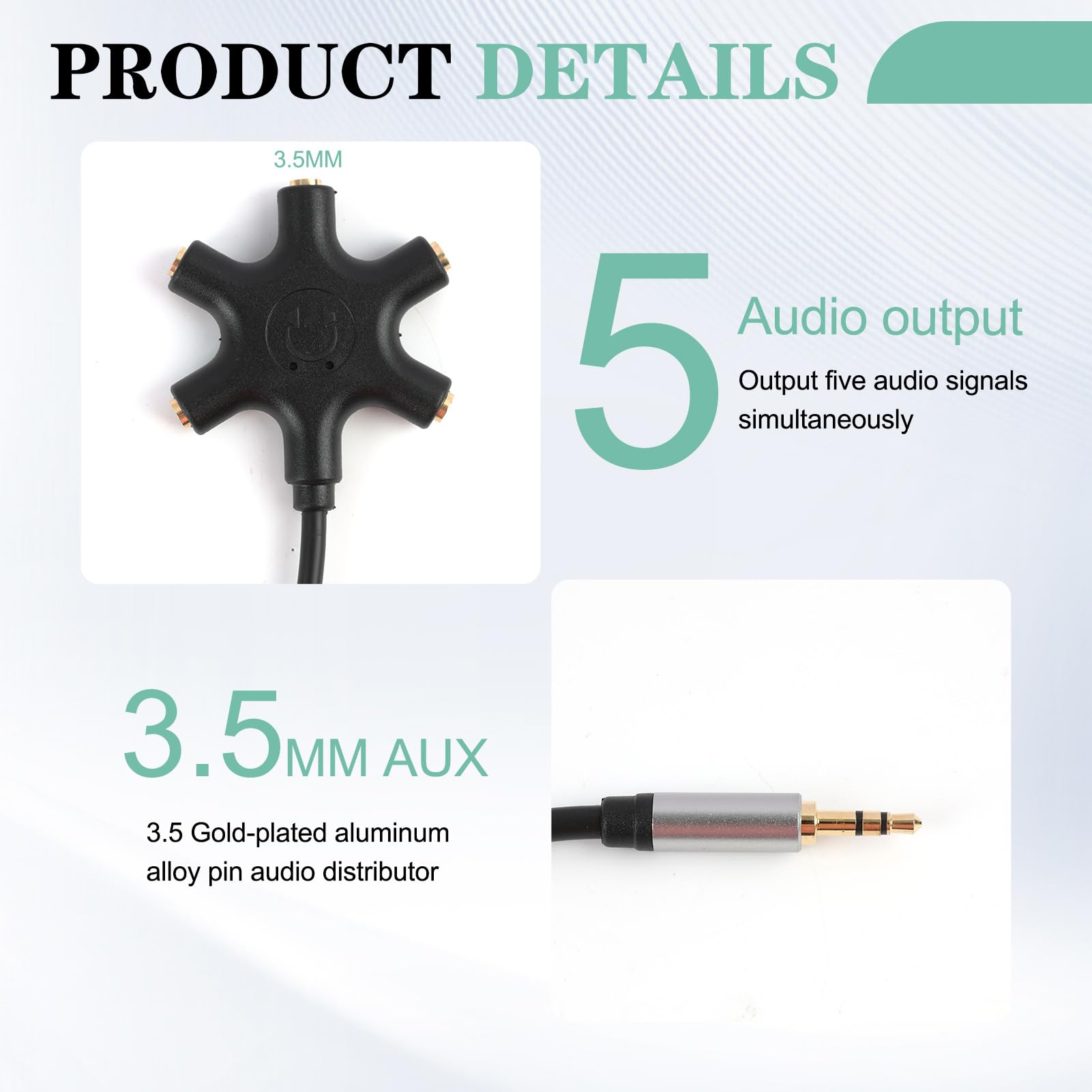 Splitter jack 3,5 mm 5 porte per auricolari multipli, separatore cuffie audio compatto compatibile iPhone iPad MP3 tablet