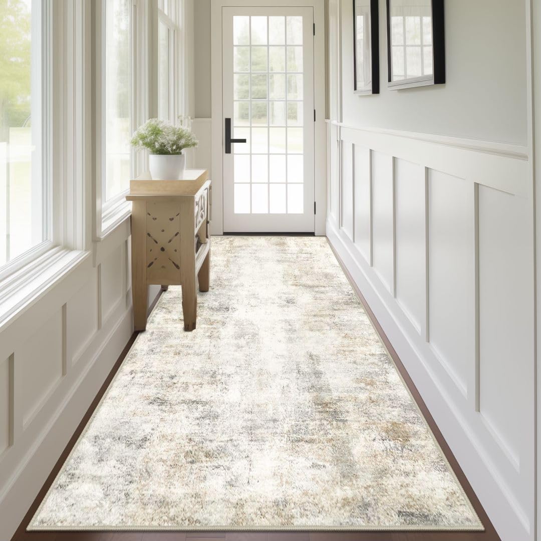 Capslpad 2.6x7 Light Beige Abstract Hallway Runner, Ultra Soft Fabric Washable Runner Rug, Non-Slip Rubber Backing, Stain Resistant Low Pile Runners