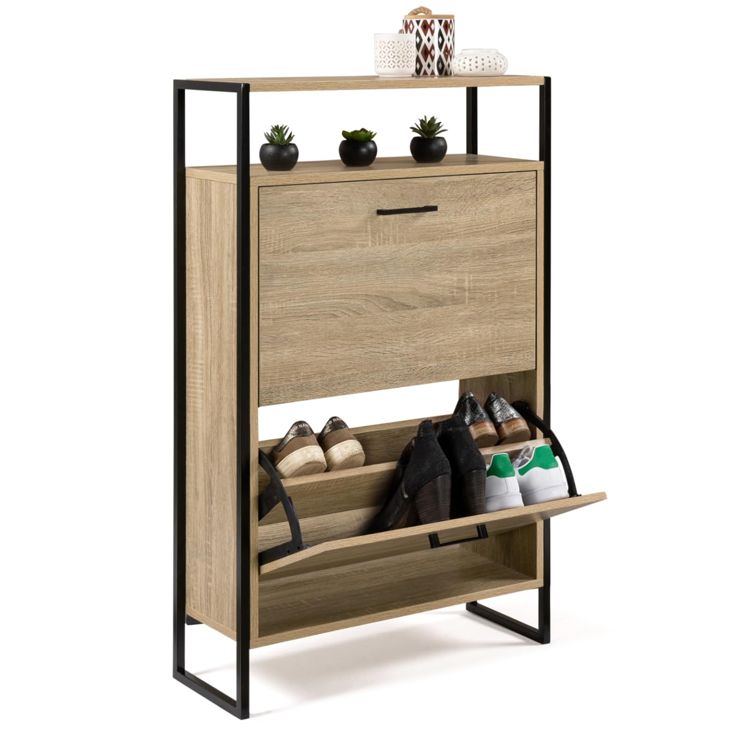IDMarket LUIS - Zapatero 12 pares de 2 puertas con estante superior de diseño industrial