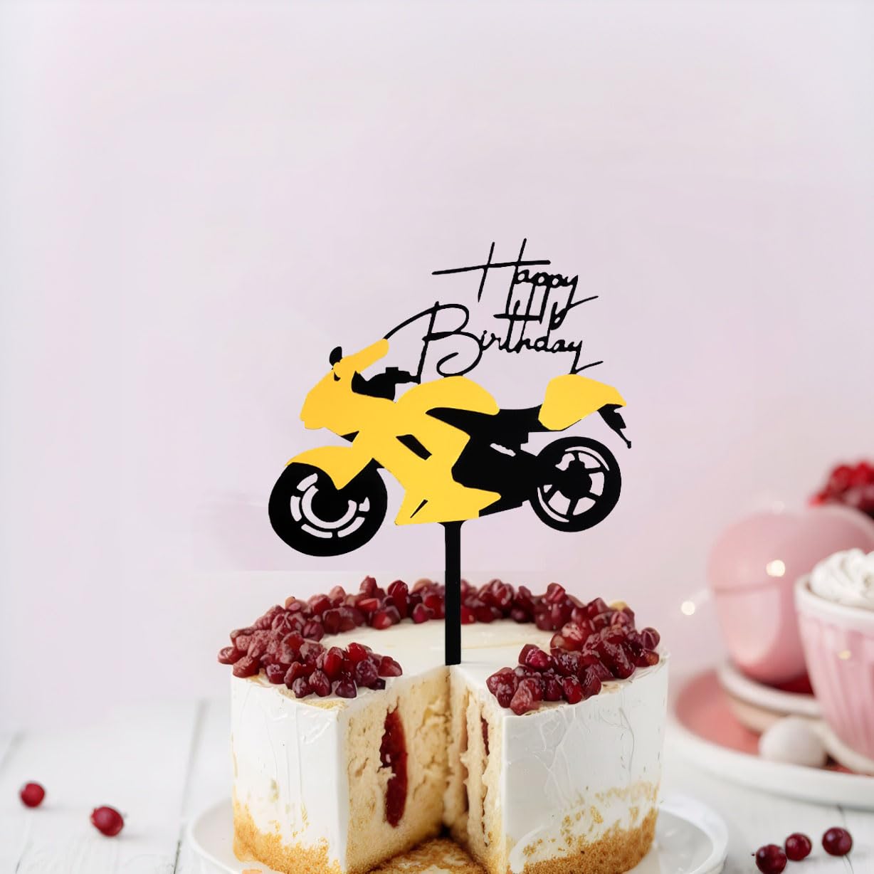 Black Gold White Acrylic Birthday Cake Topper - Racing Bike Theme For Bike Lovers
