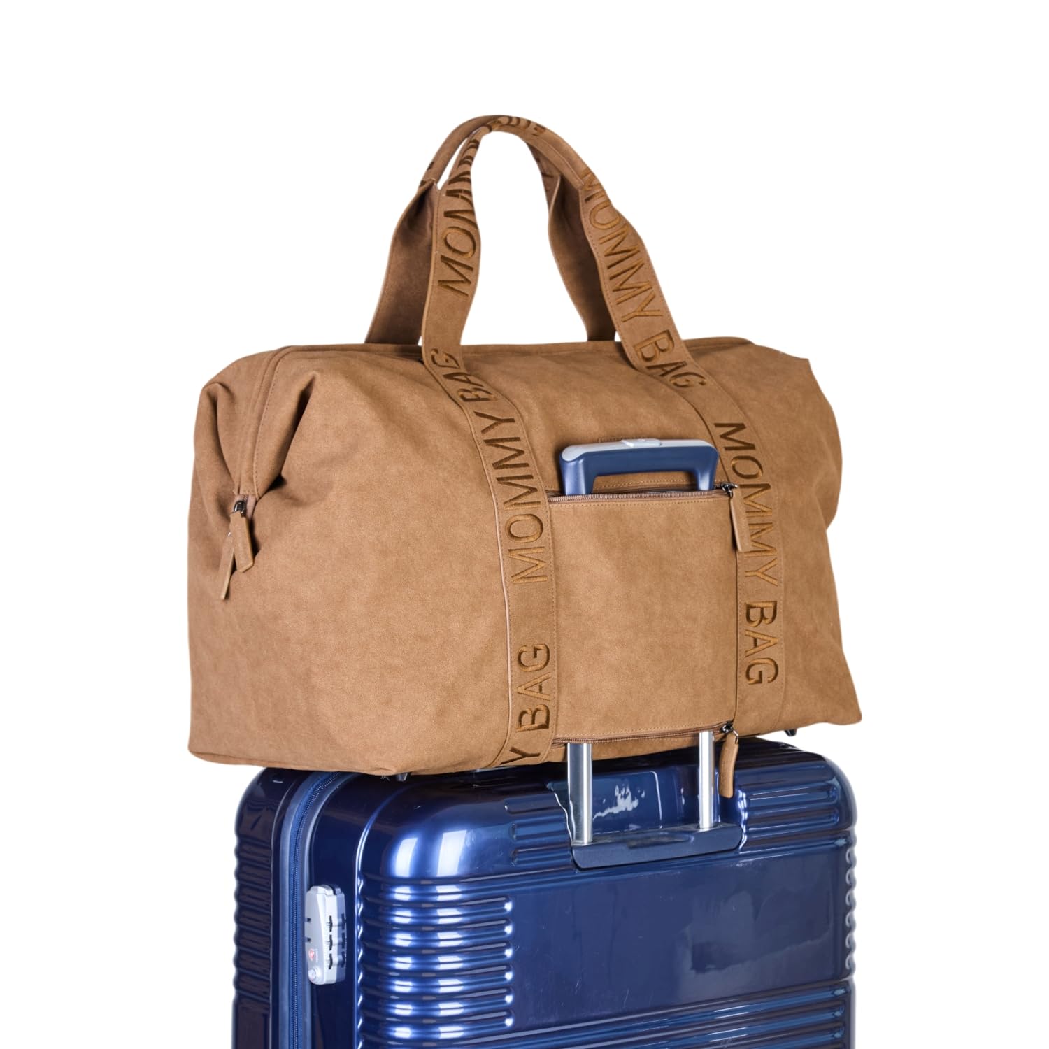CHILDHOME, Mommy Bag, Wickeltasche, Mutterschaft, Reisetasche, großes Fassungsvermögen 58L, Wickelunterlage, Isolierte Tasche, Durchgang für Koffer, Material Wildlederimitat, Haselnussbraun