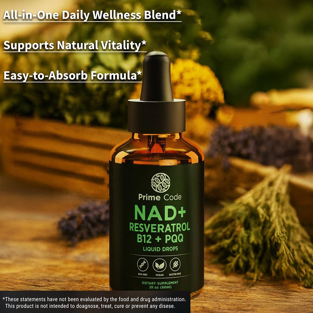 Prime Code NAD+ Liquid Drops with Resveratrol, Vitamin B12 & PQQ – Advanced Cellular Energy & Antioxidant Support – Vegan, Non-GMO, Gluten Free – Fast Absorption Supplement for Men & Women, 2 fl oz - Image 6