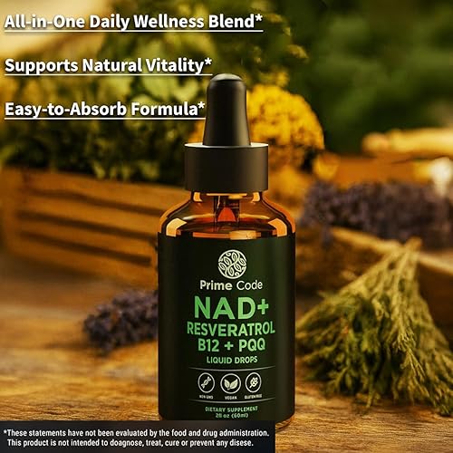 Miniatura 6 de Prime Code NAD+ Gotas líquidas con resveratrol, vitamina B12 y PQQ Energía celular avanzada y apoyo antioxidante Vegano, sin OMG, sin gluten