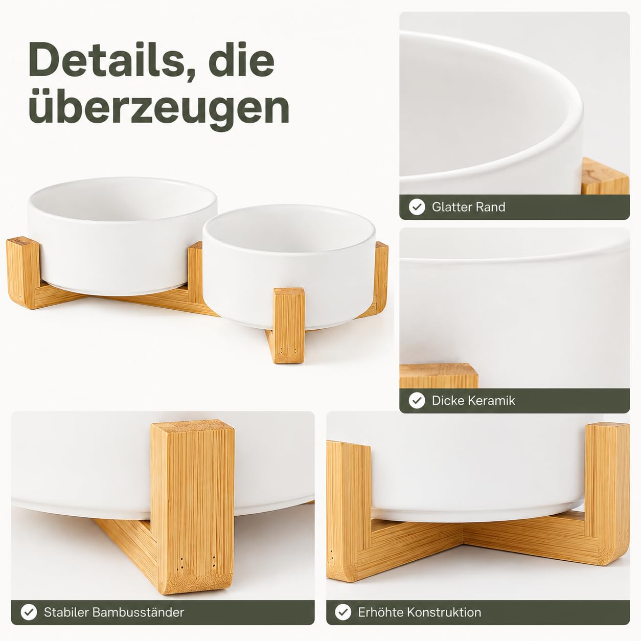 Ceramiczna miska na karmę dla kotów 2 x 850 ml, zestaw 2 szt. z podwyższonym stojakiem bambusowym | Białe miski z gładką glazurą, nie zawierają ołowiu i kadmu, do suchej karmy, wody, małych psów, kuchni i salonu