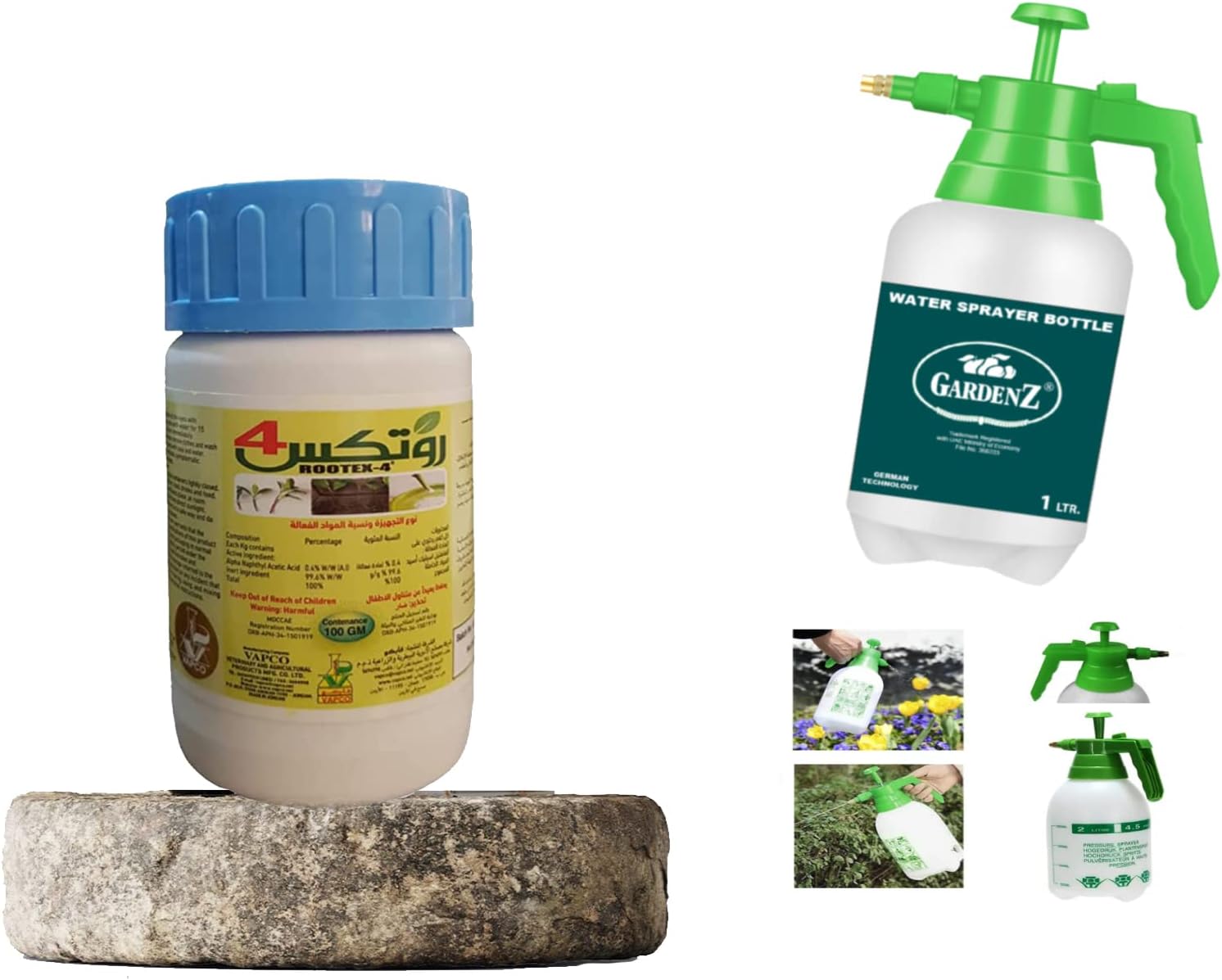 ROOTEX -4 (100 grams.) Rooting Harmone for propagation of plants from stems and cuttings + GARDENZ brand Water Sprayer Bottle Freebie