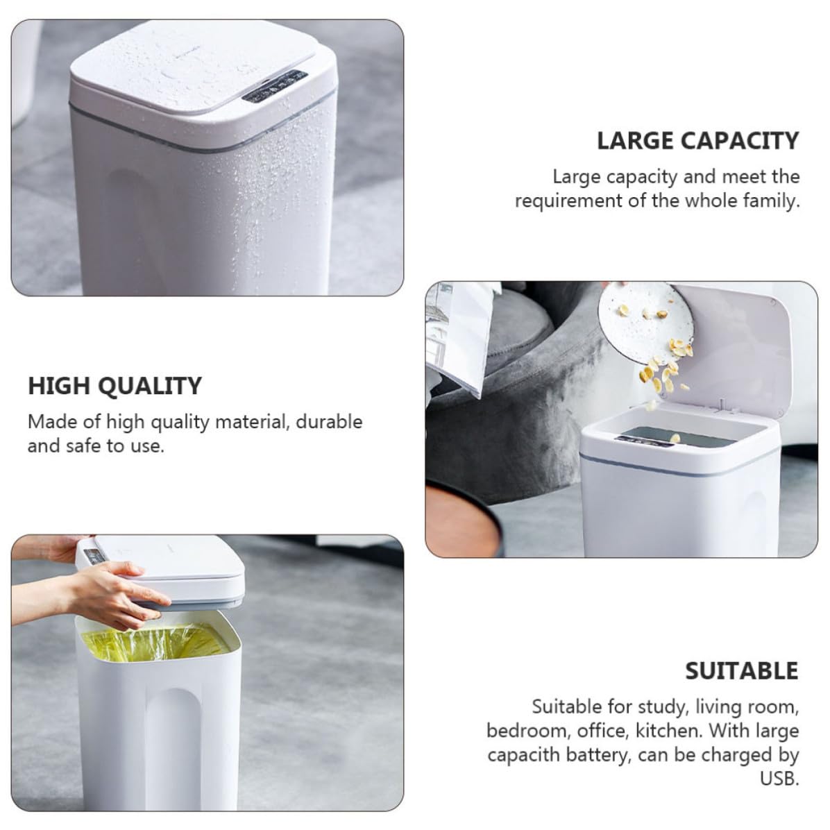Poubelle la Cuisine Automatique Intelligente sans Contact, Plastique Blanc