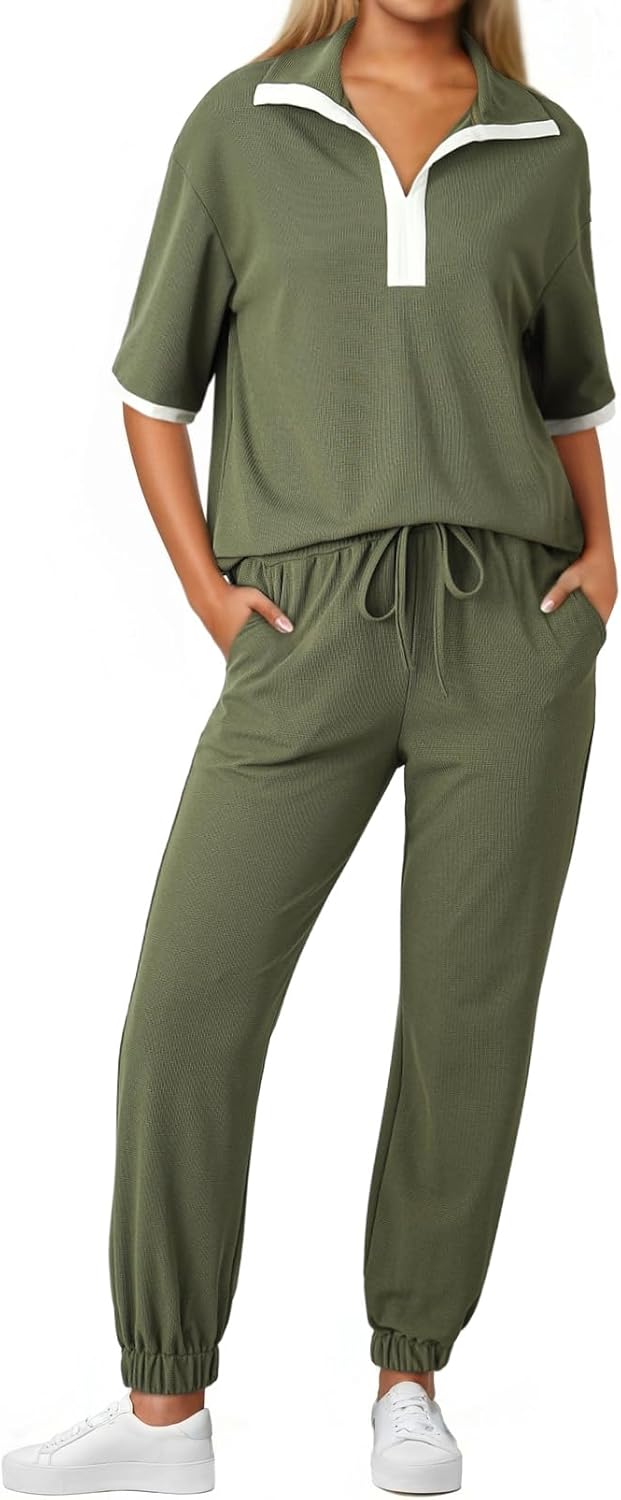 Dokotoo 2 Piece Sets for Women Summer Lapel V Neck Short Sleeve Tops Long Pants Tracksuit Lounge Jogger Set with Pockets