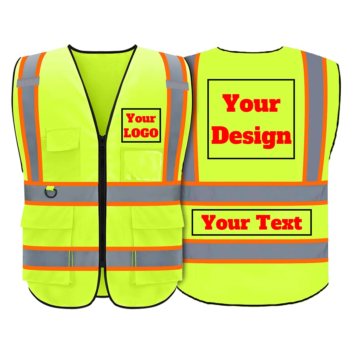Custom Logo Reflective Safety Vest with 5 Pockets and Zipper High Visibility Vest Outdoor Workwear