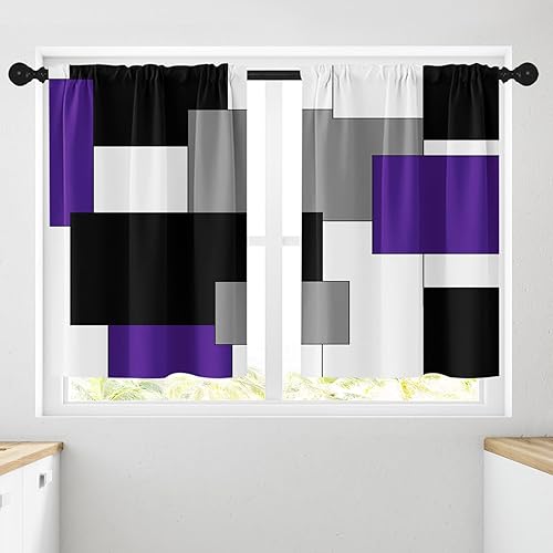 Vista 228 de Cortinas geométricas de cocina negras y grises de 63 pulgadas de largo, juego de 2, cortinas grises y blancas para dormitorio, sala de estar, Gris