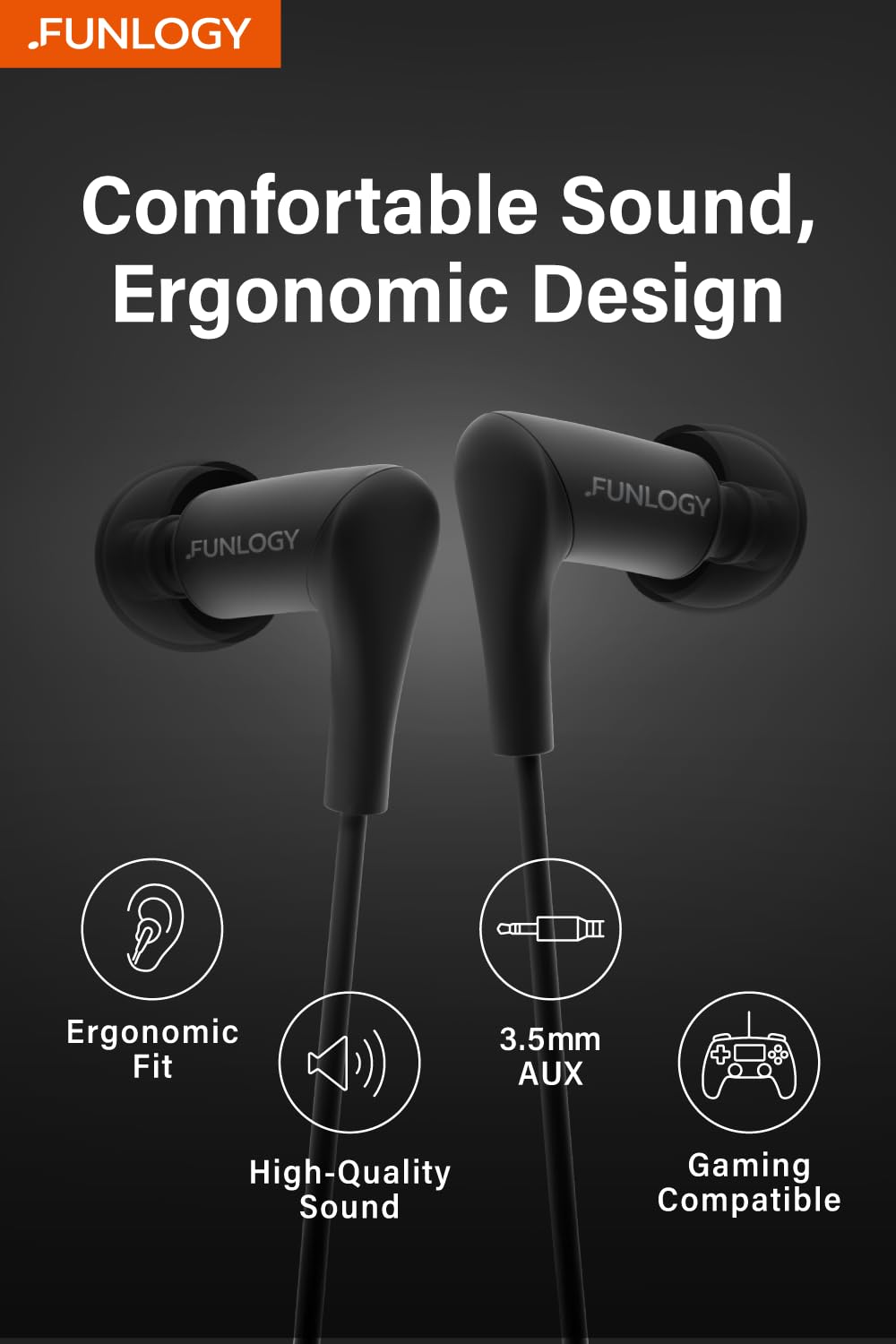 FUNLOGY Écouteurs Filaires - 6mm Dynamic-Driver In-Ear Casque, Forme L 3.5mm Plaqué Or, Son Haute Résolution pour Musique/ASMR/Gaming, Compatible PC & Smartphone, Noir