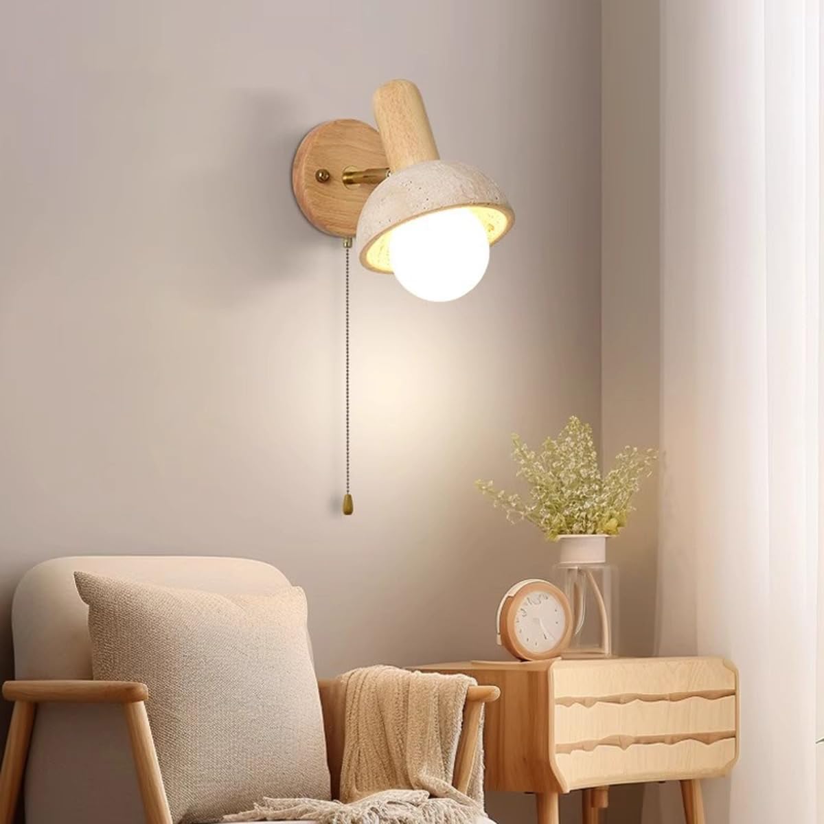 E27 Wooden Wall Light made from Natural Yellow Travertine 3000K Warm Light Vintage Wall Lamp for Indoor Use with Pull Switch Wabi-Sabi Style Retro Bedside Lamp Wall-mounted for Bedrooms, Living Rooms