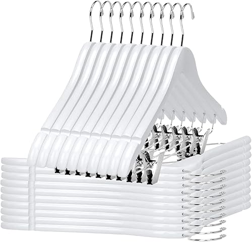 Miniatura 9 de Perchas de madera de calidad con clips, paquete de 80 perchas naturales para pantalones con clips ajustables de metal cromado, gancho giratorio,