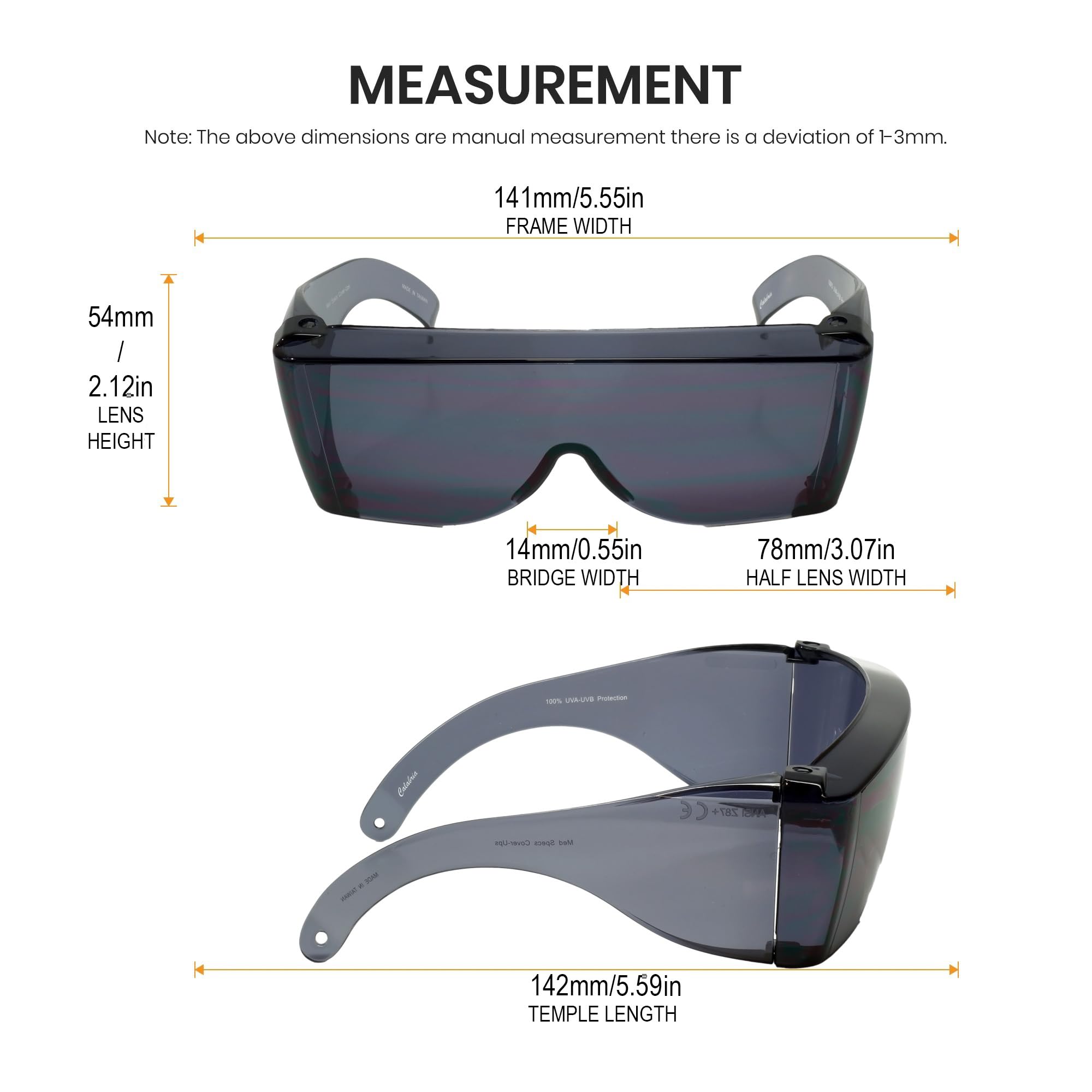 Calabria 3000 Fit Over - Gafas de seguridad Fitover graduadas, color gris ahumado, para hombres y mujeres, envolventes, tintadas, antirreflejos