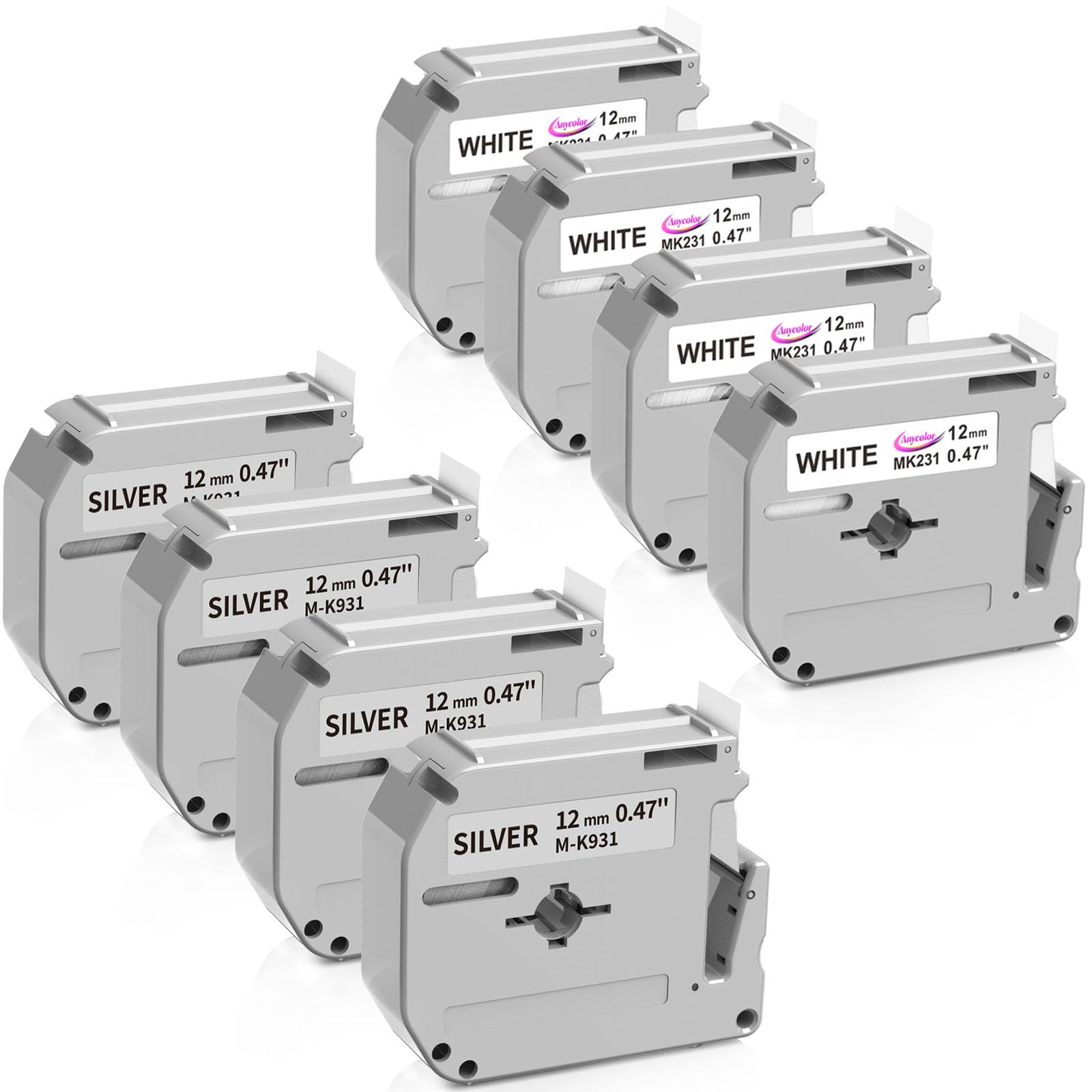 4 Silver + 4 White Compatible with Brother M Tape 12mm 0.47 Inch M-931 M-231 Label Tape for Brother P Touch PT-M95 PT-90 PT70 PT-65 PT85 Label Maker, Black on Silver/White, 8 Pack