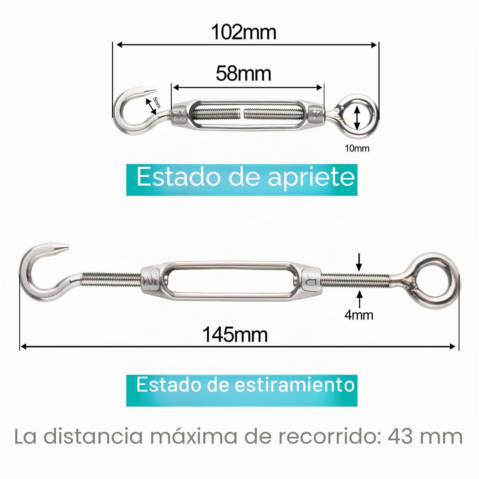CHRORINE Tensor de Alambre Tensor M4 Gancho y Ojo 304 Acero Inoxidable Resistente 12 Piezas