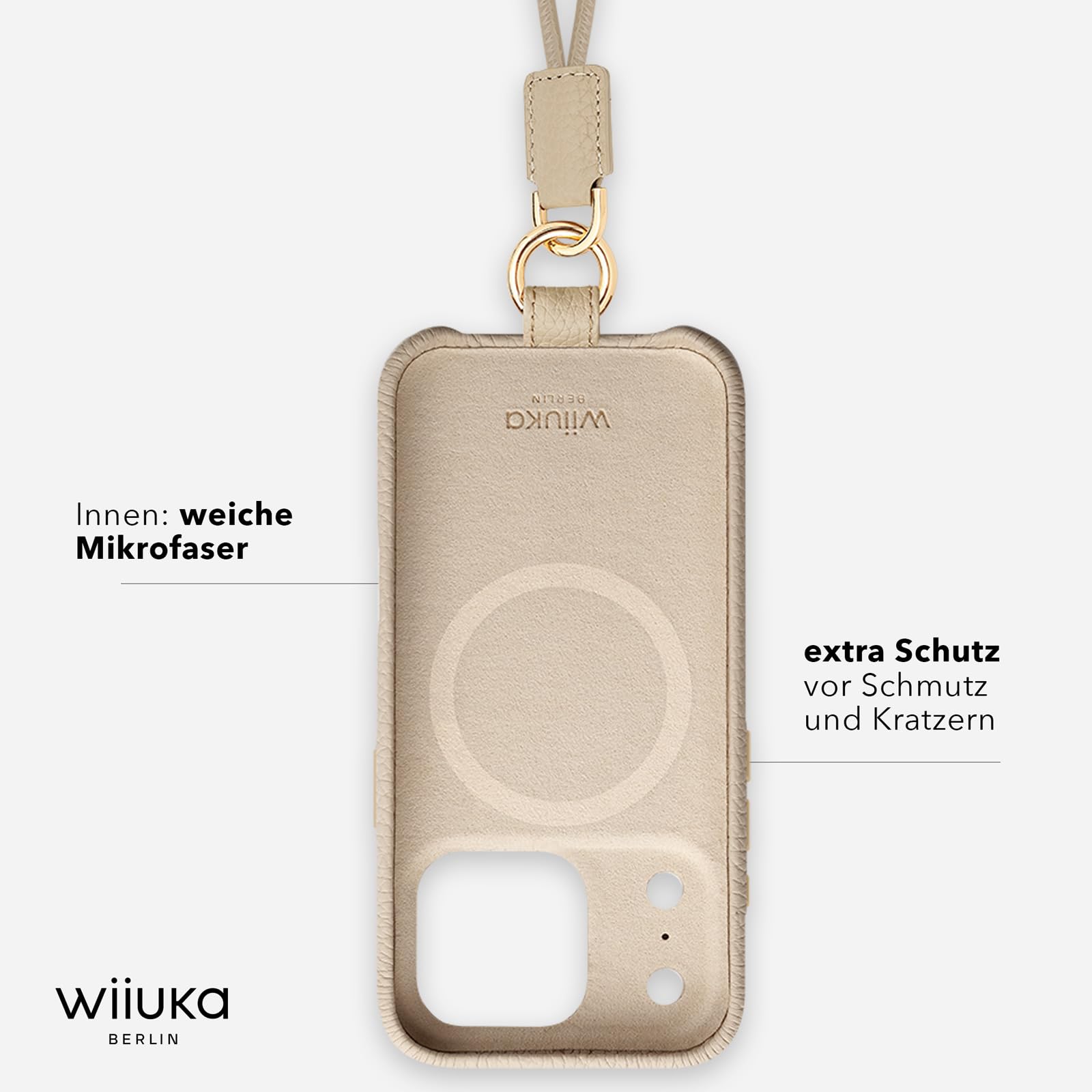 WIIUKA Custodia per iPhone 17 Pro Max, in pelle dalla Germania, in pelle per cellulare, custodia di alta qualità, con catena a tracolla, anello per sci, beige crema