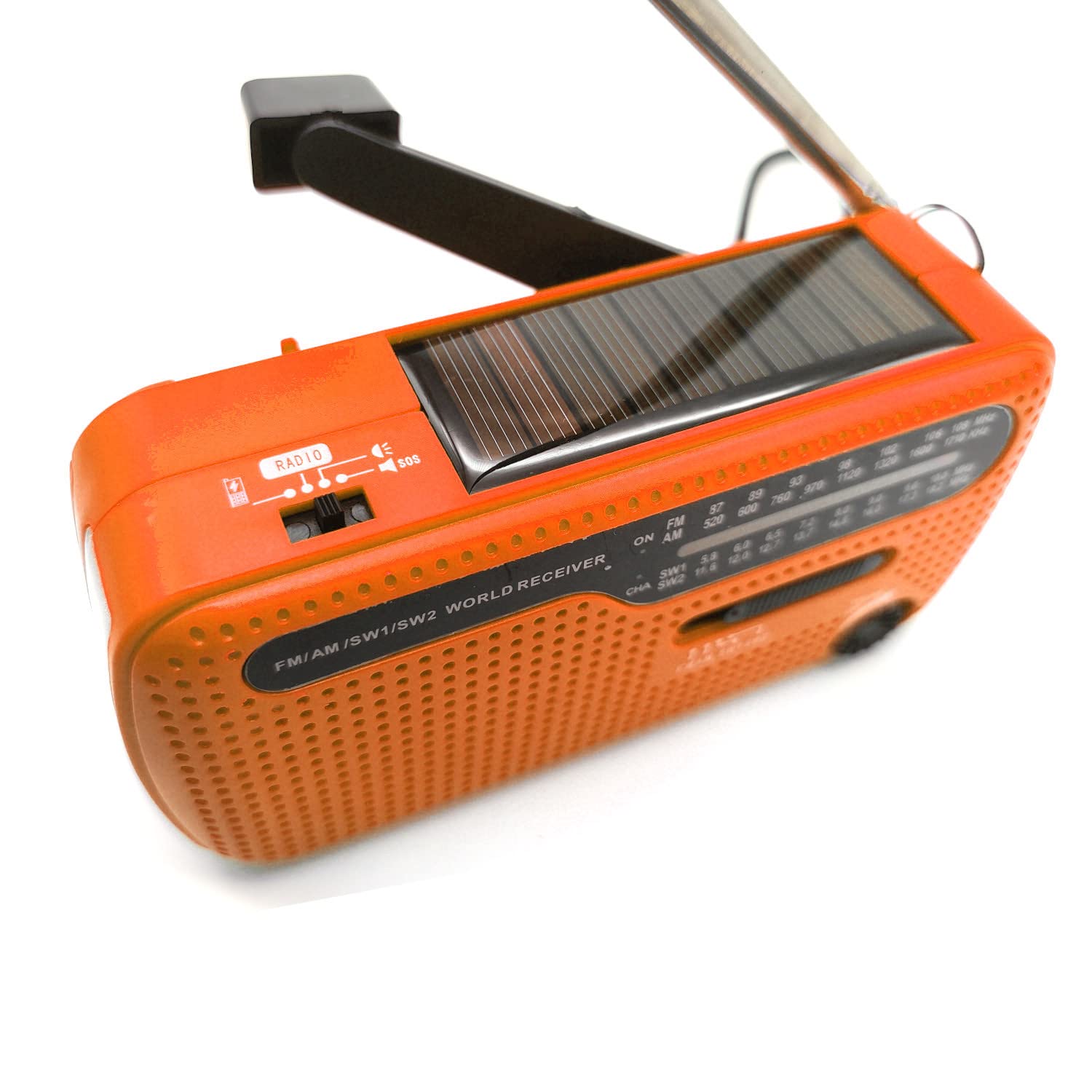 Radio solare di emergenza multifunzione, con dinamo e torcia, frequenze FM AM, riceve segnali da tutto il mondo, colore arancione