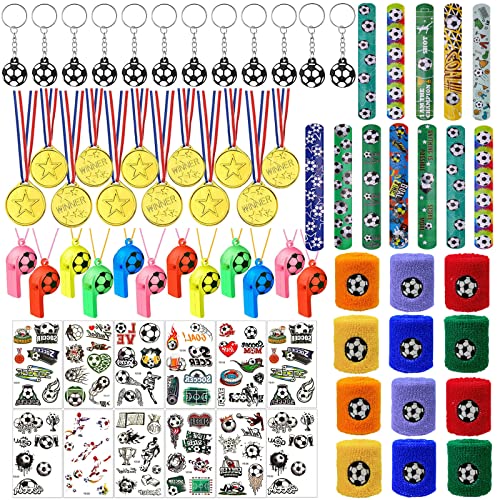 Fußball Party Set für Kinder, Kindermedaillen Kunststoffmedaillen für Kinder, Fußball Slap Bands Glitzer-Tattoo und Handgelenk-Schweißband Als Geschenk für Kinder, Jungen und Mädchen Cover