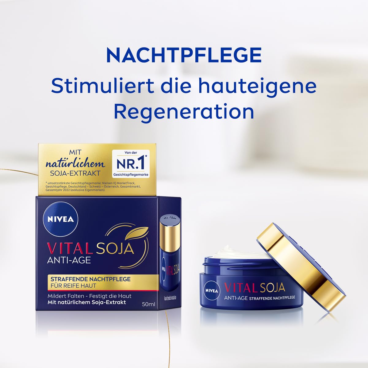 NIVEA VITAL SOJA Anti-Age ujędrniająca pielęgnacja na noc, bogata pielęgnacja twarzy dla dojrzałej skóry z naturalnym ekstraktem z soi, regenerujący krem na noc do łagodzenia zmarszczek (50 ml)