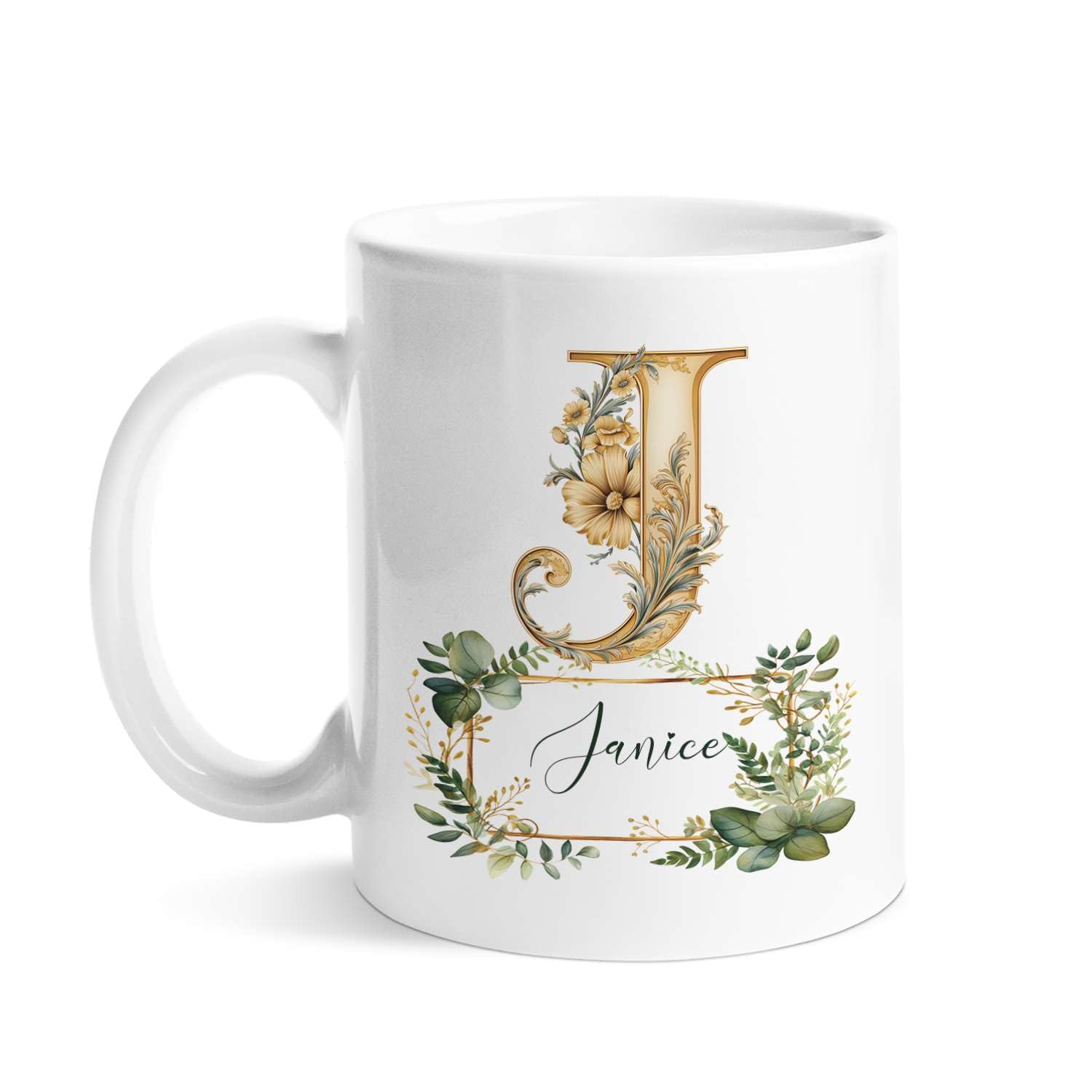 Amazon.com: Custom Name Golden Initial J Cup, Elegant Alphabet Coffee Mug,  Personalized Letter J Ceramic Cup, Novelty Flower White Mug 11oz 15oz,  Customized Floral Initial Cup For Coworker : Home & Kitchen