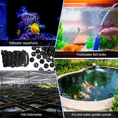 Hortsun 300 Pieces Bio Balls Pond Filter Aquarium Filter Media 1.26 Inch Saltwater Aquarium Filter Biochemical Cotton Pond Filter Accessories and 5 Pieces Black Mesh Bags for Fountain Fish Tank