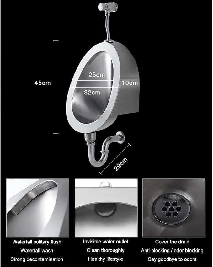 Urinal para pared de acero inoxidable 304, urinal de alta eficiencia para uso comercial y residencial, diseño moderno con válvula de descarga, para hogar, hotel, bar o aeropuerto miniatura 5