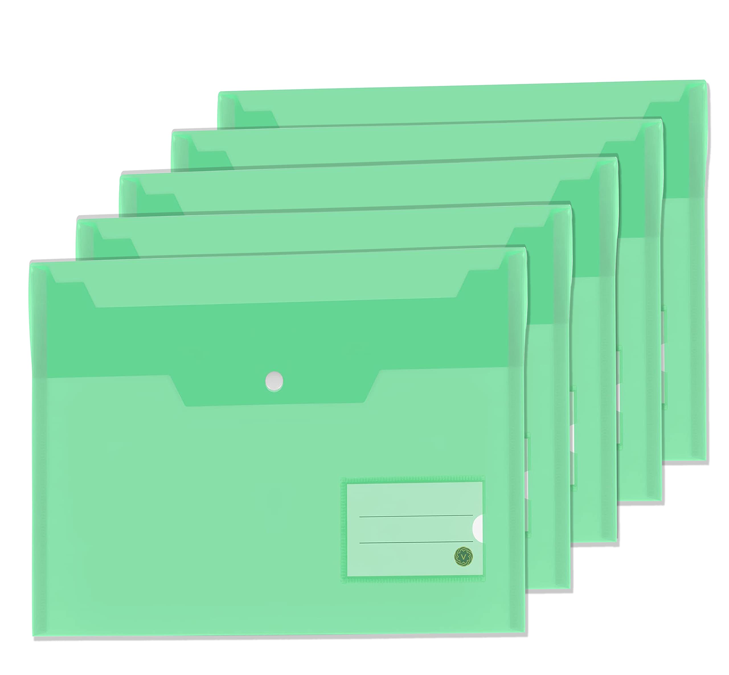 Vabe UK 5 Plastic Wallets – A4 Plastic folders with Label Pocket – Storing and Securing Student Paperwork Or Important Document for Home, School or Office Use. (5, Green)
