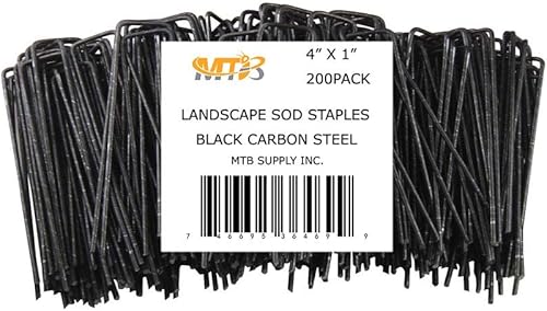 Paquete de 200 grapas de paisaje de 4 x 1 pulgadas, 11GA (0.12 pulgadas), estacas de jardín, pasadores de red para vallas, picos de suelo, cubierta
