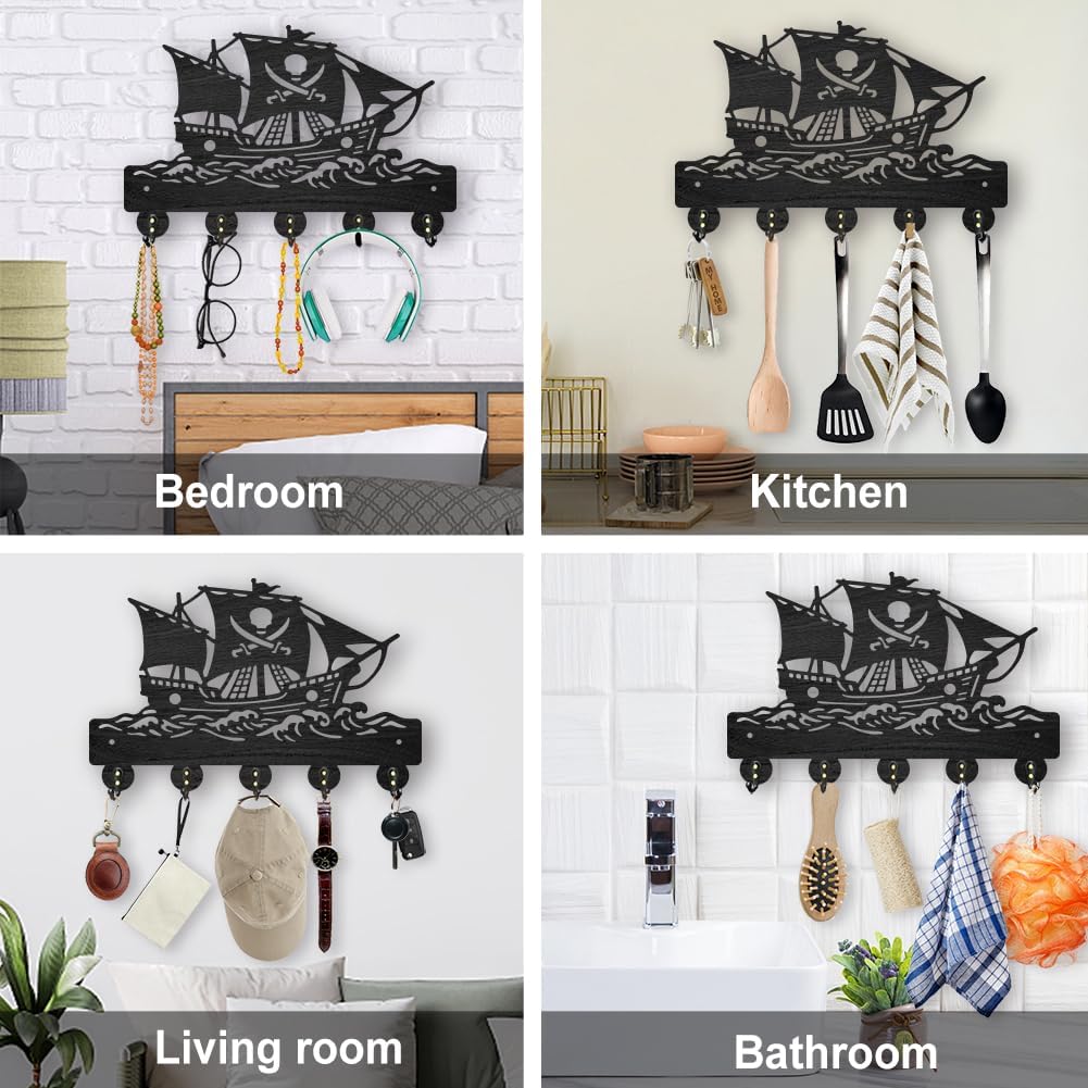 MAYJOYDIY Wooden Pirate Ship Key Holder Sea Wave Key Hanger for Wall 11.8×7.9 Inch Skeleton Crossbone Decorative Wall Mount Coat Rack with 5 Alloy Hooks for Entryway Kitchen Office Bedroom