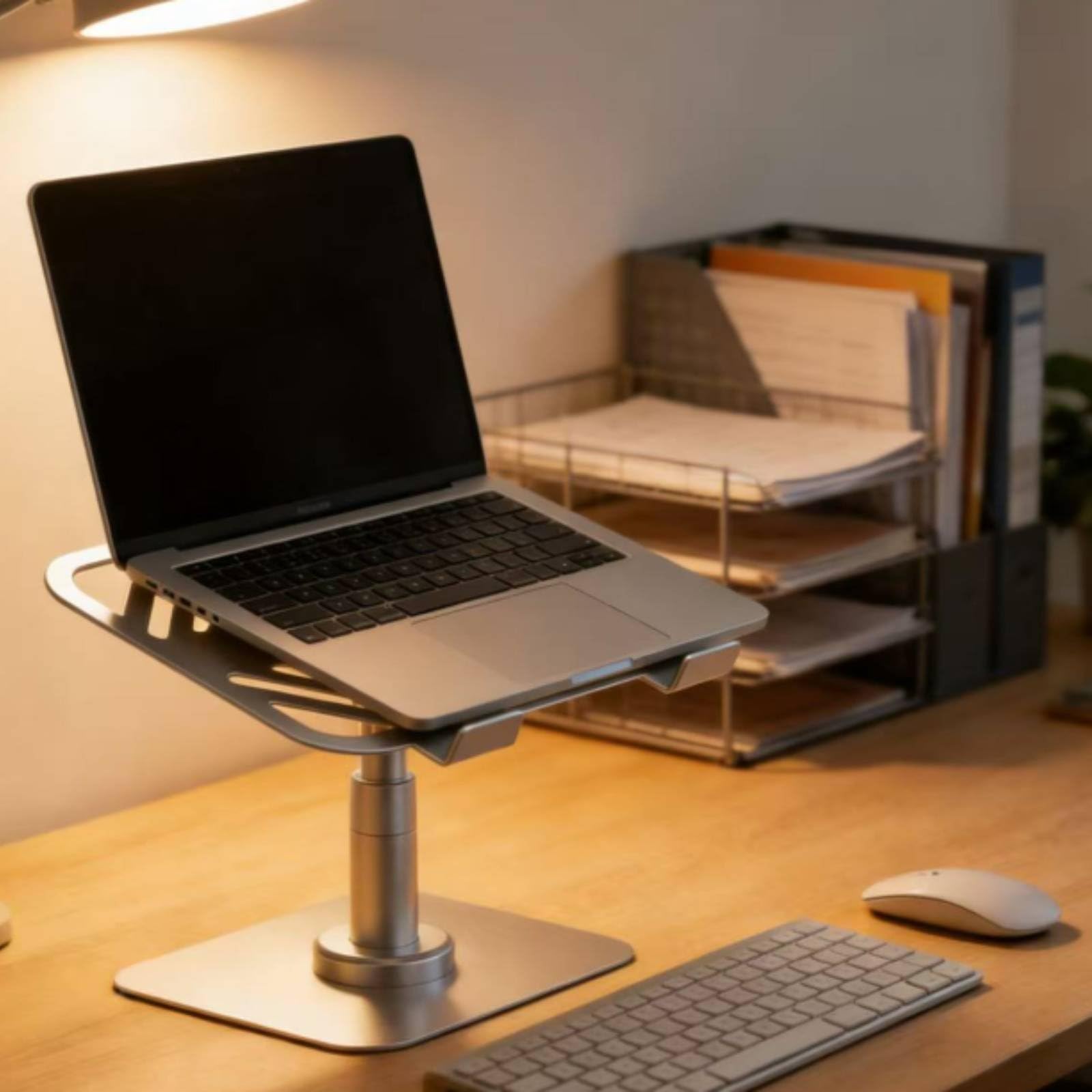 Soporte Ajustable para Portátil Soporte para Laptop Base Ergonómica Soporte de Mesa Soporte Giratorio Estructura de Acero al Carbono con Rejillas de, Gris Plata