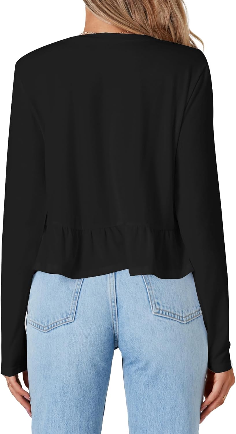 Vrtige Women's Casual V Neck Long Sleeve Ruffle Hem Peplum Babydoll Crop Top Shirt Blouse Pure Black-1 Large - Image 2