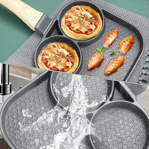 Image of KRESHU Non Stick Medical Stone 3 Holes Frying Pan 3-in-1 Breakfast Egg Omelette Pan with Bakelite Handle Pan for Bacon Kitchen (1-Pcs)