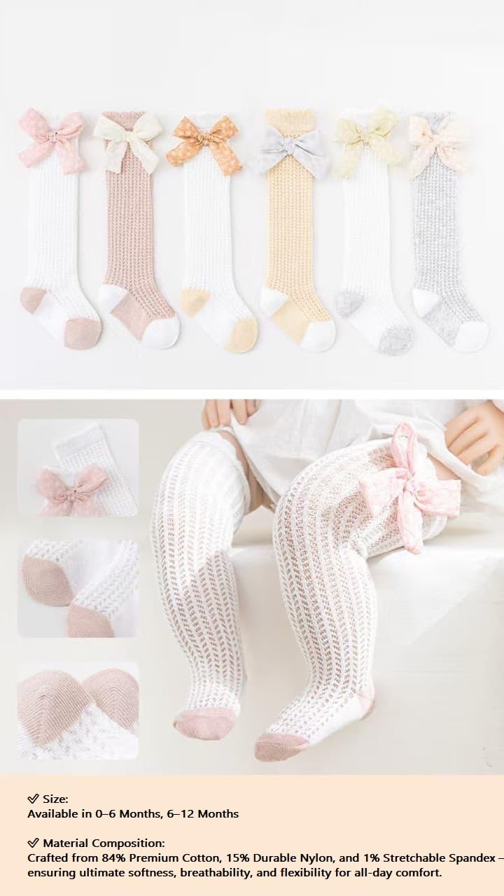 BABY STATION Baby Girl Cotton Knee High Socks with Cute Design β Soft, Breathable & Stretchable Tights for Infants & Toddlers (IN, Age, 6 Months, 12 Months, 3, Bow-1) 1