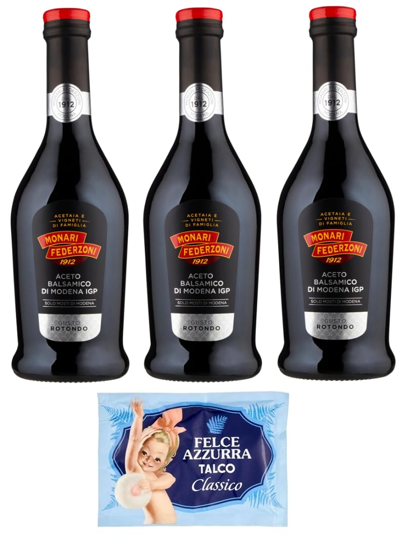 Monari Federzoni Aceto Balsamico di Modena I.G.P.Gusto Rotondo, vinaigre balsamique de Modène I.G.P.P, bouteille en verre de 500 ml + 1 sachet de talc Felce Azzurra gratuit, sachet de 100 g