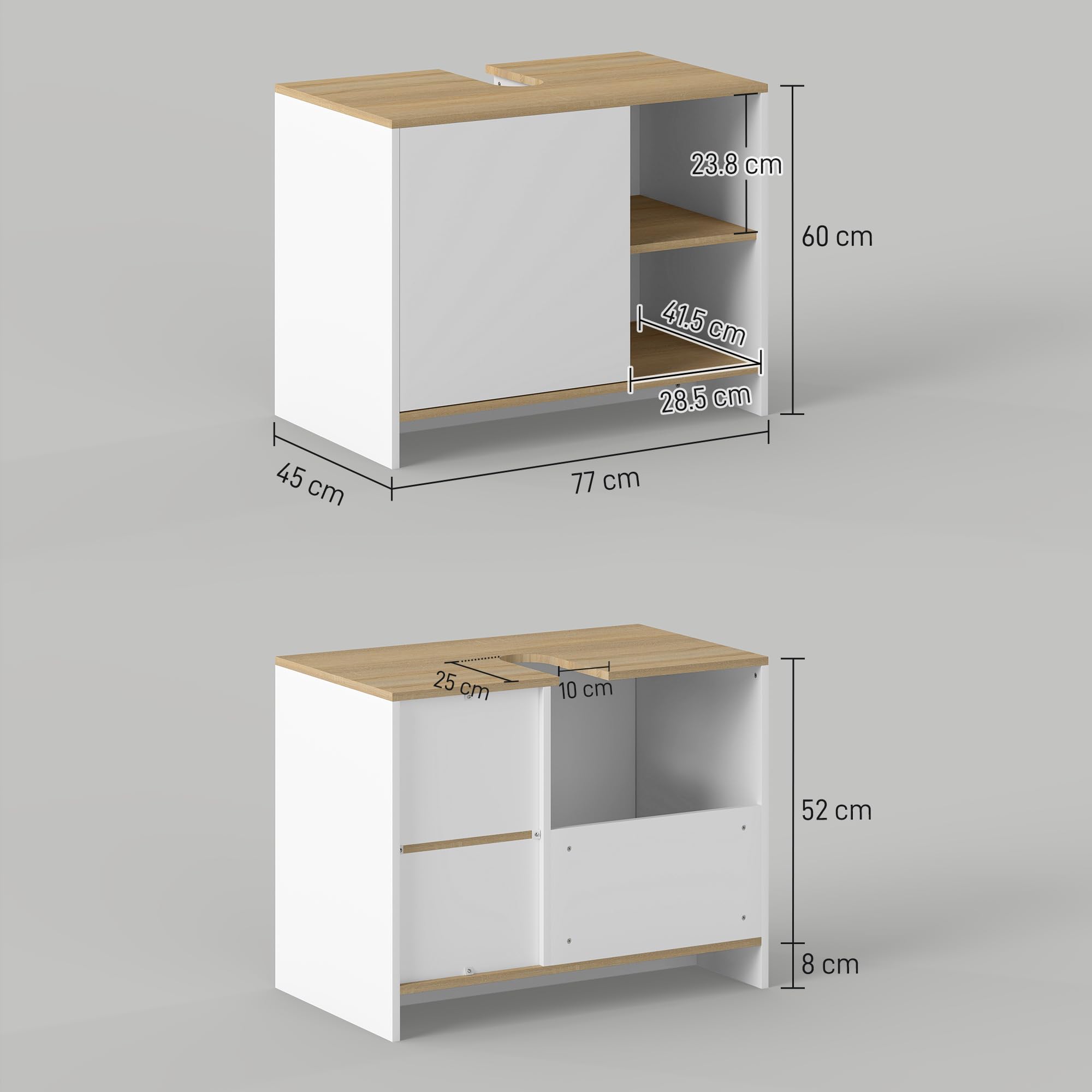 kleankin Mobile Bagno Sottolavabo 77 x 45 x 60cm Bianco e Color Legno | con Armadietto, 2 Mensole, in Legno Truciolare