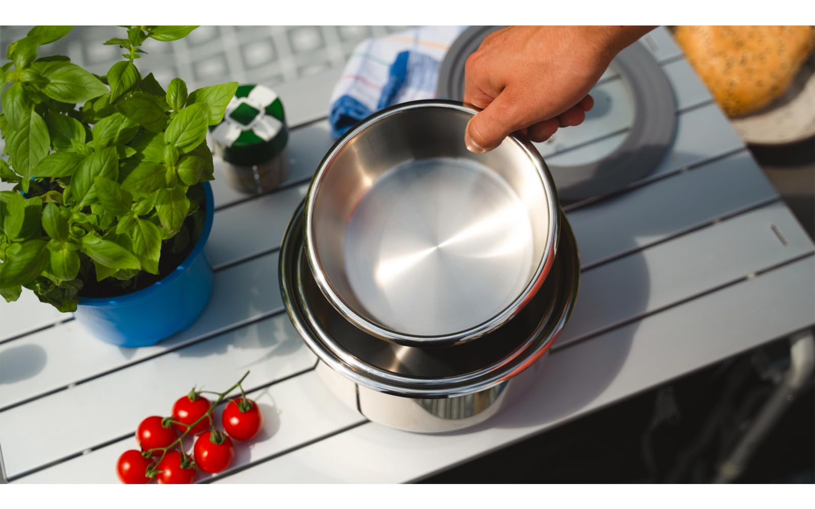 BERGER BlueOak Topfset Induktion 6-TLG. | stapelbares Kochtopf Set mit Pfanne, Glasdeckel & Pfannengriff | Induktions Töpfe Set aus Edelstahl geeignet für Camping & Küche