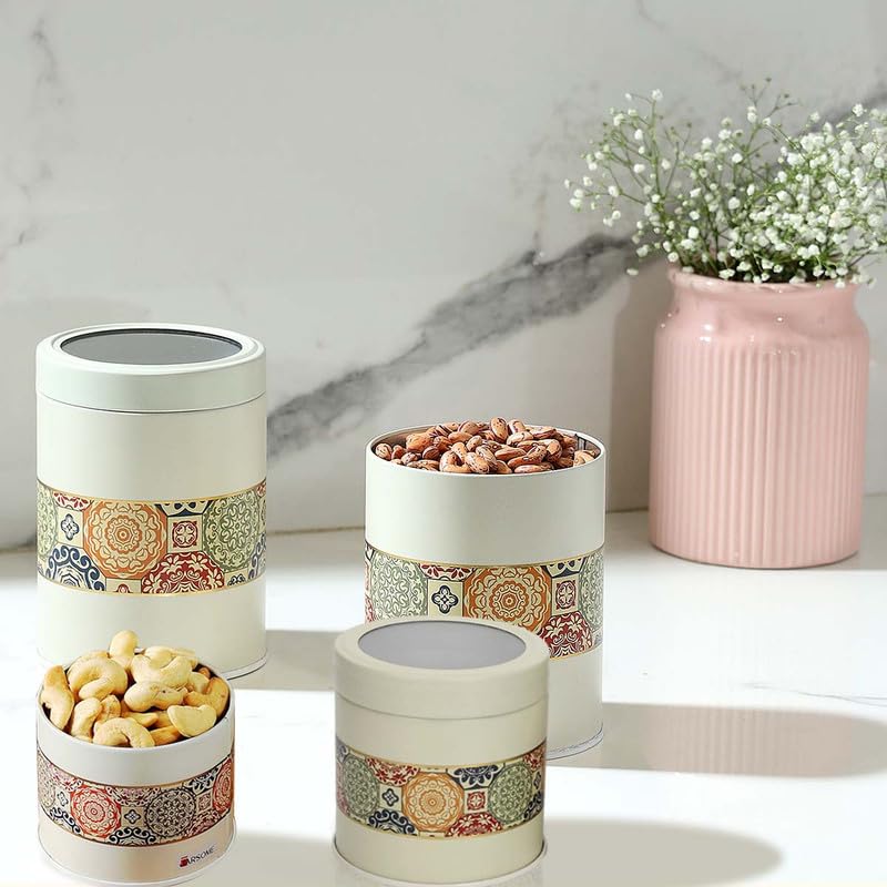 Image of Mandala Collection Airtight Kitchen Container Set| 450ML+1100ML- Set of 4| Food Grade Metal Jars for Spices, Cookies, Millets & Dry Food Storage| Vacuum Lid, Rust Resistant| Beige Rangoli