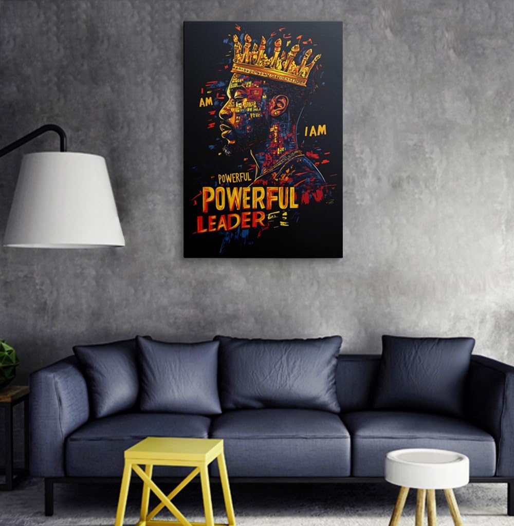 Abstract Framed Black and Gold Crown African American Men Powerful Leader Inspirational Quote Canvas Wall Art, Modern Cool Leader King Motivational People Home Decor Ready to Hang (16"x24")