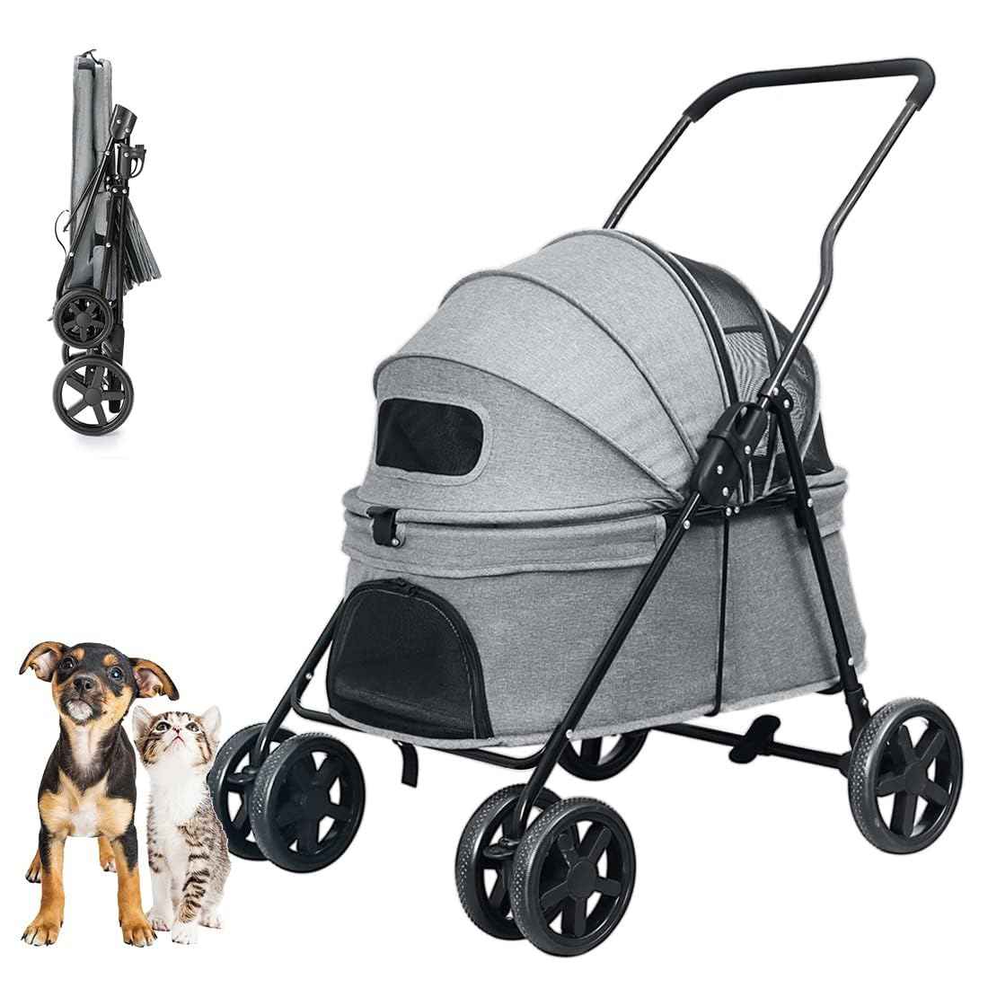 Nastarki Carrito para Mascotas Cochecito Plegable Perros Gatos con Cuatro Ruedas Cesta de Almacenaje y Portavasos Pet Stroller Carrito para Animales de 15 kg Como Máximo (Gris)