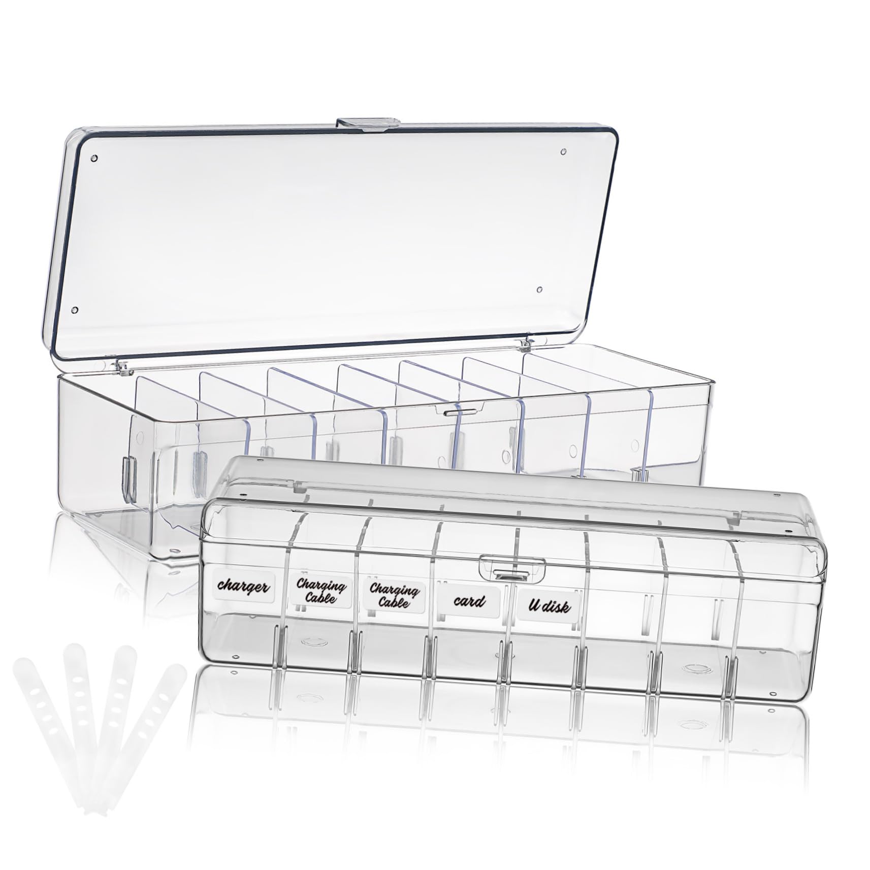 LABRIMP Boîte de Rangement pour Câbles pour Organiser et Stocker Les Câbles de Données 2 Pièces en Plastique Transparent Étiquettes et Attaches, Portable