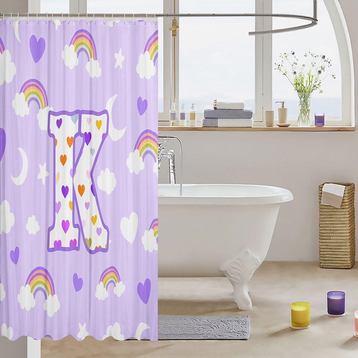 jejeloiu Cute Purple Rainbow Shower Curtain Star Moon Print Bath Curtain Personalized Letter K Bathroom Waterproof Accessories with 12 Hooks Colorful Love Heart Waterproof Polyester,72x72 Inches image 3