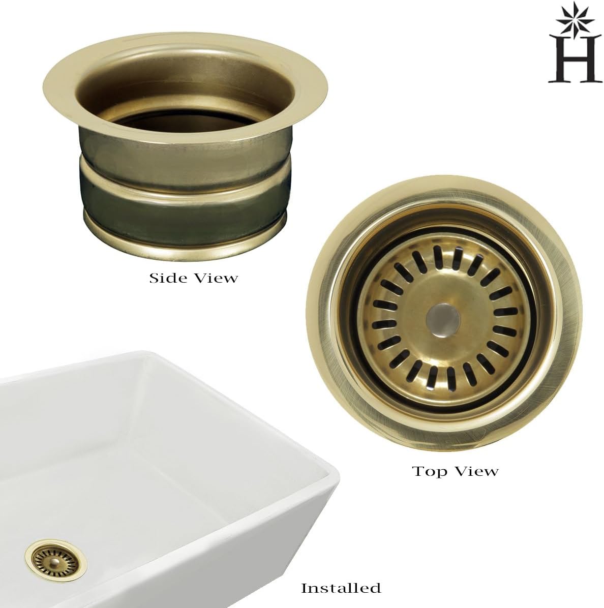 Garbage Disposal Flange – Solid Brass Sink Flange Kit, for 3 3/8 I.D., with Removable Basket Strainer, for Thick Fireclay Farmhouse or Stone Sinks, Warm Look HP-DFPB