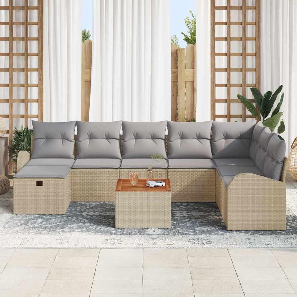Juego de 9 sofás de jardín de polirratán beige con mesa de madera de acacia, conjunto modular moderno para balcón, terraza y jardín, resistente a la intemperie, con espacio para momentos