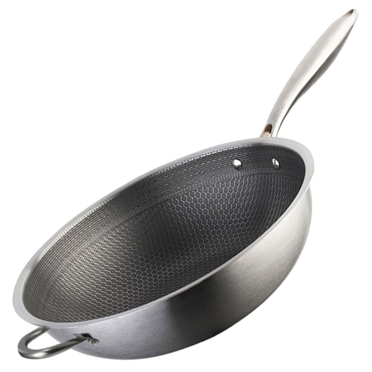 DECHOUS Wok de Acero Inoxidable 32 CM Estructura de Panal Antiadherente Doble Mango Ergonómico Apto para Cocina de Inducción Estufa Eléctrica Gas Sartén Wok Multifuncional para Freír